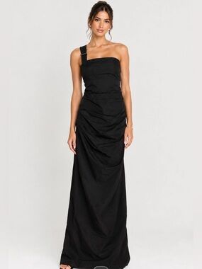 Peppermayo Rumour Has It Maxi Dress Black Size 6 One Shoulder Ruched NWT